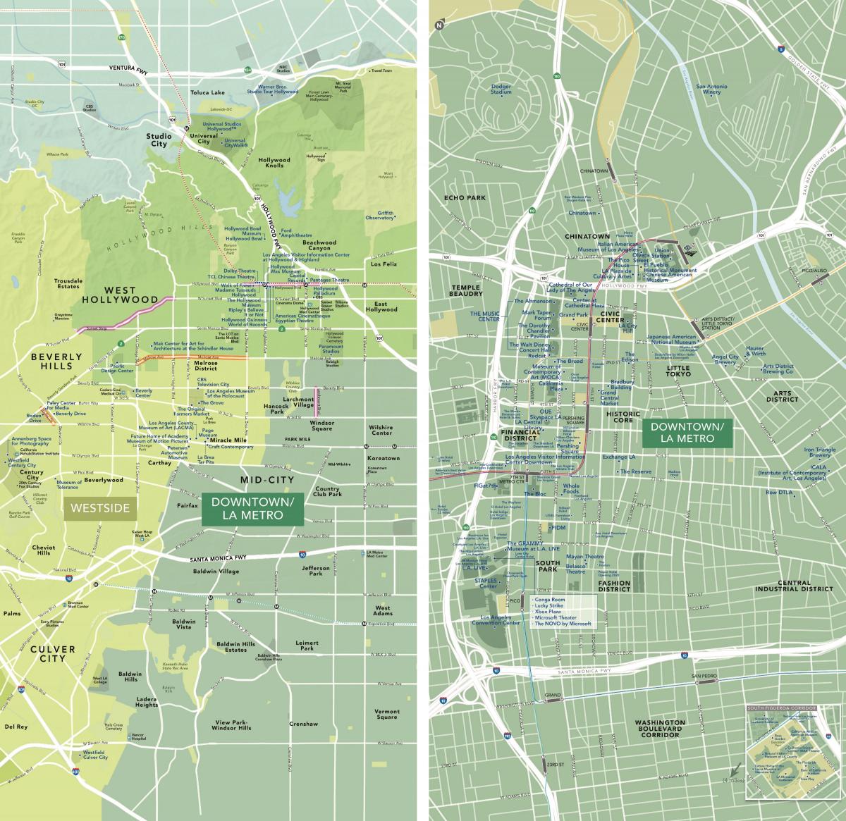 kaart van het centrum van Los Angeles attracties