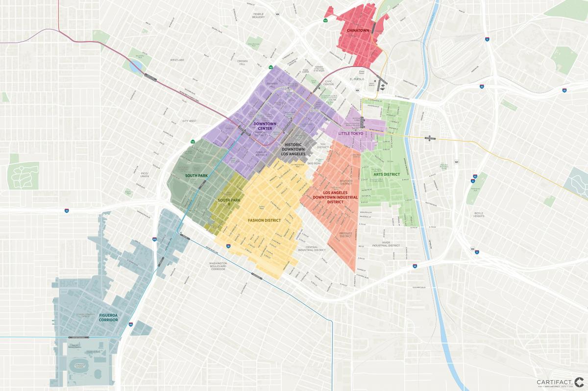 kaart van het centrum van Los Angeles wijken 