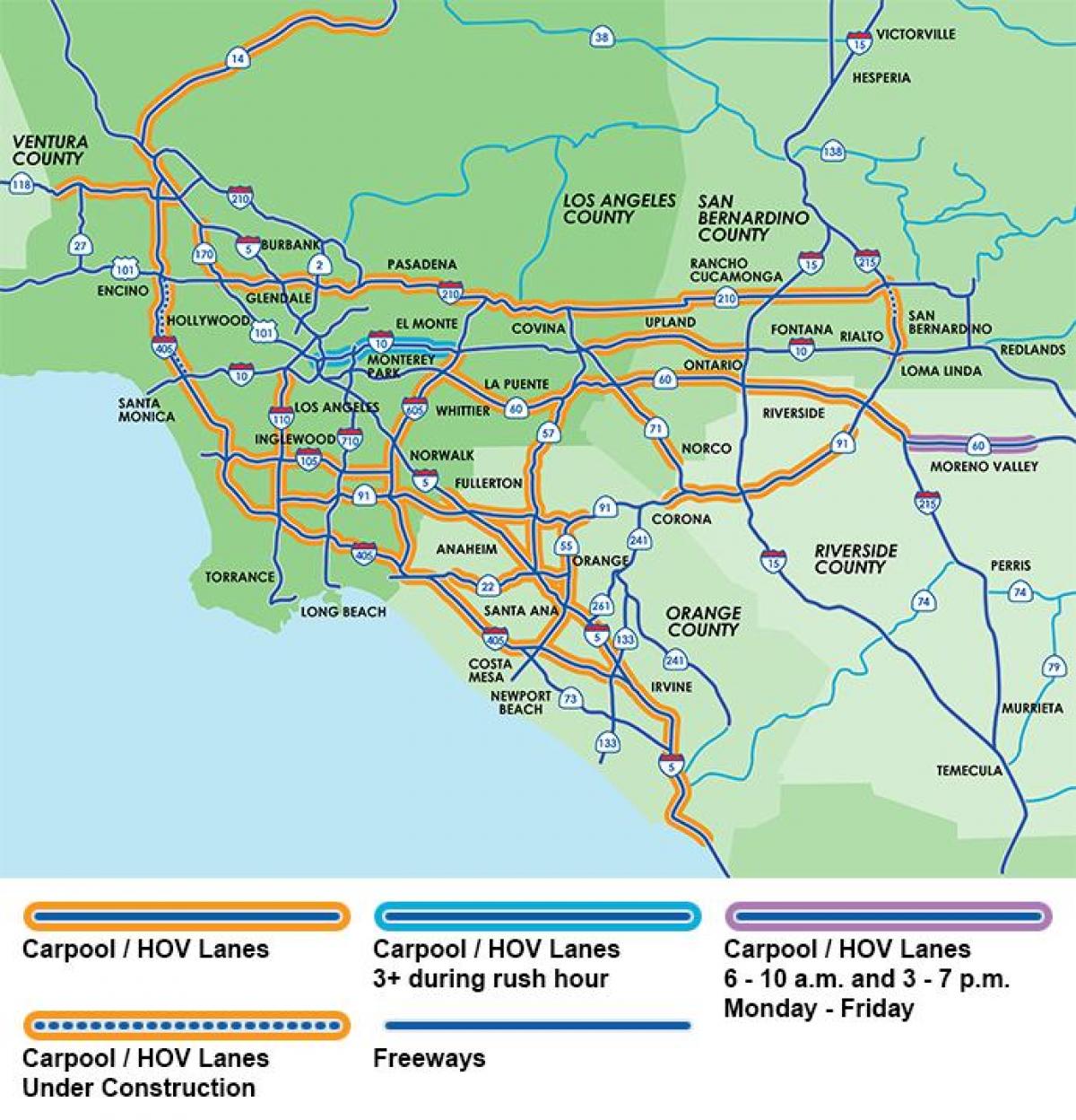 Los Angeles snelweg carpoolstroken kaart